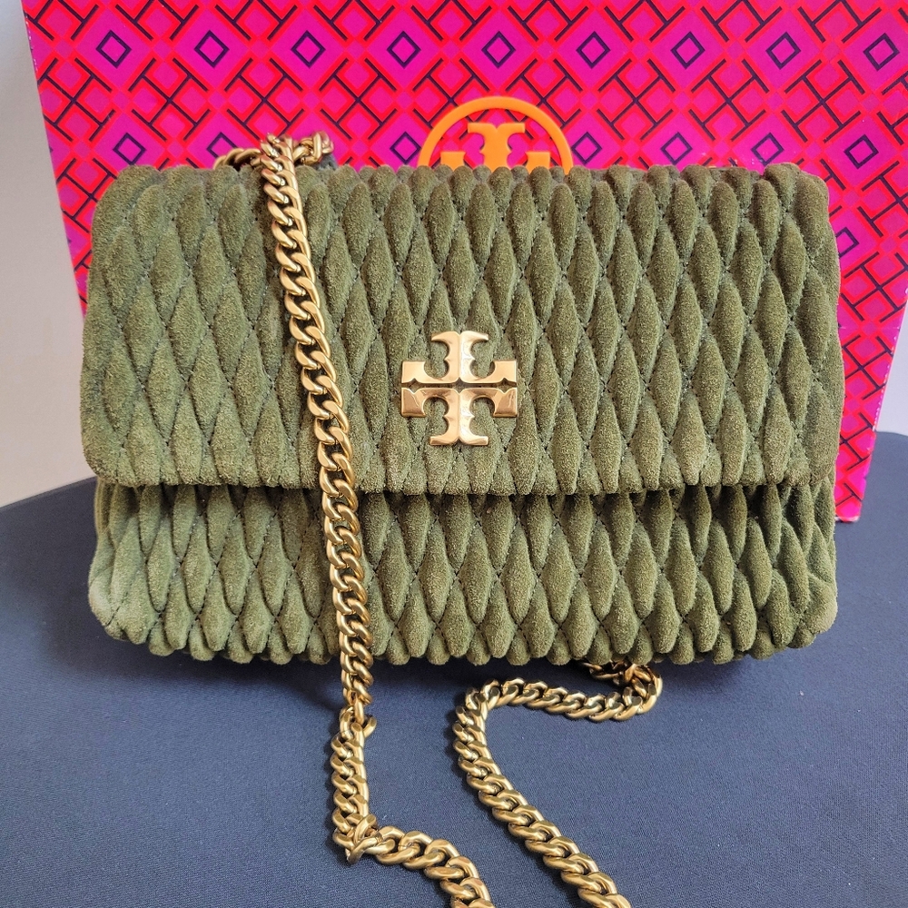 Authentic Tory Burch Kira Ruched Suede Convertible Shoulder Bag in Leccio
